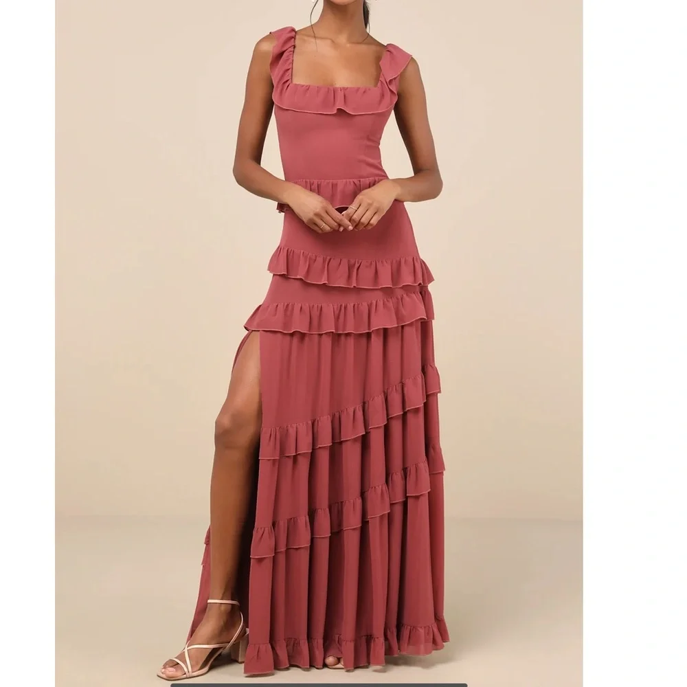 Lulu's Rust Ruffle-Trim Maxi Dress - Picture 2 of 8